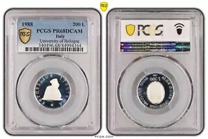 1988年、イタリア。プルーフ シルバー 200 リラ「ボローニャ大学」コイン。 PCGS PR-68 DC!