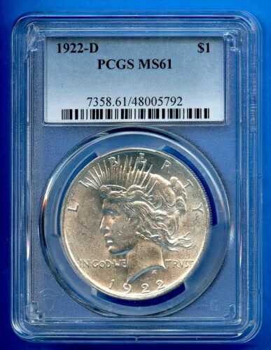 1922 D PCGS MS61 ピース シルバー ダラー $1 米国造幣局コイン 1922-D MS-61 ブラスト ホワイト