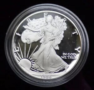 1986-S アメリカン イーグル 1 オンス プルーフ銀地金コイン、箱入り、COA コイン #124