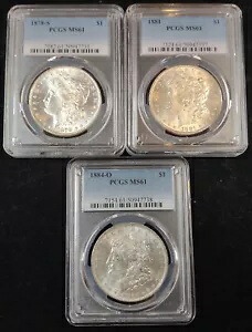 $1 モーガン シルバー ダラー 1878-S、1881 & 1884-O すべて PCGS MS61 3 ピース アベニューコイン