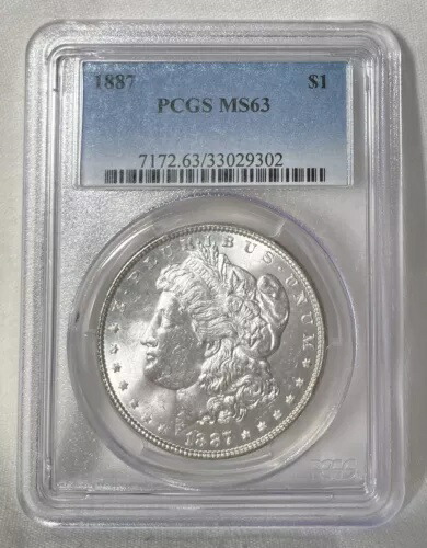 1887 PCGS MS63 モルガン ドル。見事なブラスト ホワイト 90% シルバー コイン。ブレザー！