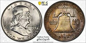 レインボートーン 1959 D MS 64 ベン フランクリン ハーフダラー Trueview 写真 PCGS OCE 79