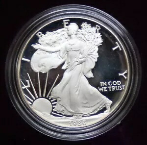 1986-S アメリカン イーグル 1 オンス プルーフ銀地金コイン、箱入り、COA コイン #123