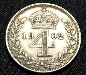 イギリス 4 ペンス「マウンディ」1902 年。PL シルバー世界コイン。 10000 という低い鋳造数