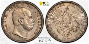 1871-A ドイツ プロイセン 1 ターラー PCGS AU53 ロット番号 G8757 シルバー! KM#494