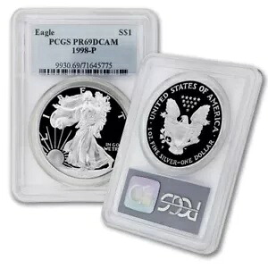 1998-P $1 シルバー イーグル PCGS PR69DCAM ディープ カメオ 1 オンス 0.999 プルーフ ドル コイン
