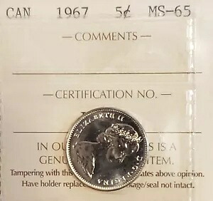 1967 カナダ 5c 5 セント ニッケル コイン クイーン エリザベス 2 世 ICCS グレード: MS65 2.0