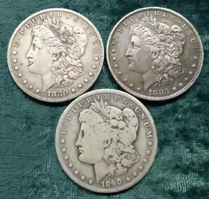モルガン シルバー ダラー 3 枚、シルバー $1 コイン 3 枚、オーミント コイン、1880 O、1883 O、1890 O