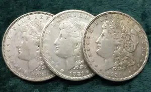 モルガン シルバー ダラー 3 枚、1921 PDS ミント コイン、モルガン シルバー 1 ドル コイン 3 枚のロット