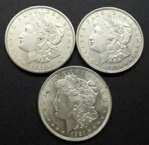 アメリカ合衆国シルバー モーガン $1 コイン 3 枚、1921 PDS ミント ドル コイン