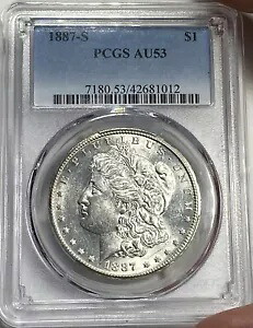 1887-S モーガン シルバー ダラー PCGS AU53 ブラスト ホワイト & 素晴らしい光沢! ALM