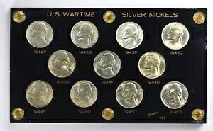 1942 ～ 1945 年戦時中のジェファーソン シルバー ニッケル完全未流通コイン 11 枚セット