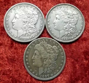 モルガン シルバー ダラー コイン 3 枚、USA シルバー 1 ドル コイン 3 枚、1880 S、1889、1897 O