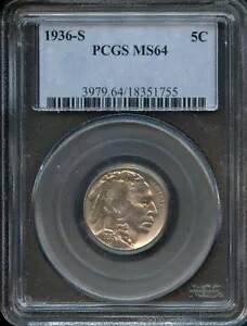 PCGS - バッファロー ニッケル - 5c - 1936 S - MS 64 - 3979