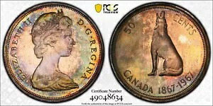 PR66 1967 50C カナダ ウルフ シルバー 50 セント プルーフ、PCGS Trueview- レインボー トーン画像