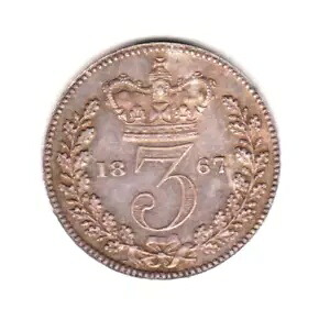 1867年 イギリス ビクトリア スターリングシルバー 3ペンス光沢のある美しいコイン