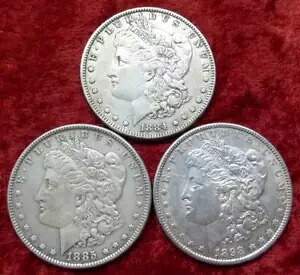 モルガン銀貨 3 枚、1884 年、1885 年、1898 年、米国 $1 銀貨 3 枚