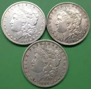 モルガン シルバー 1 ドル コイン 3 枚、米国モルガン ドル シルバー コイン 3 枚、1882、1883 O、1887 O
