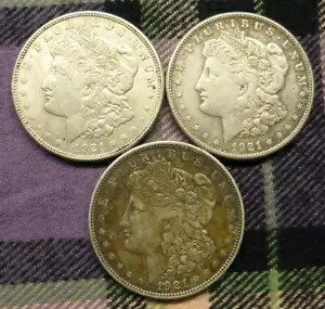 PDS 造幣局 $1 コイン、1921 米国シルバー モーガン $1 コイン 3 枚、オリジナル トーン