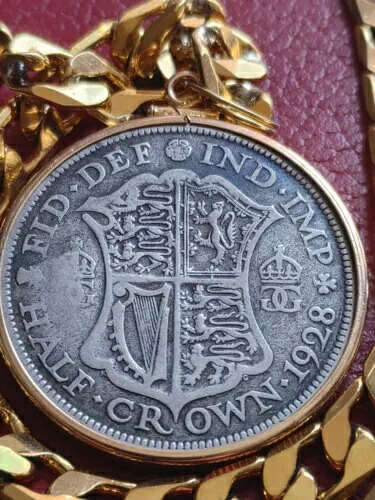 希少な 1928 年 イギリス英語 1/2 クラウン コイン ペンダント 24 インチ ゴールドフィルド チェーン 63,525円