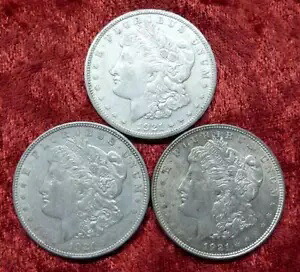 モーガン シルバー $1 コイン 3 枚、1921 PDS モーガン シルバー ダラー、USA $1 コイン 3 枚