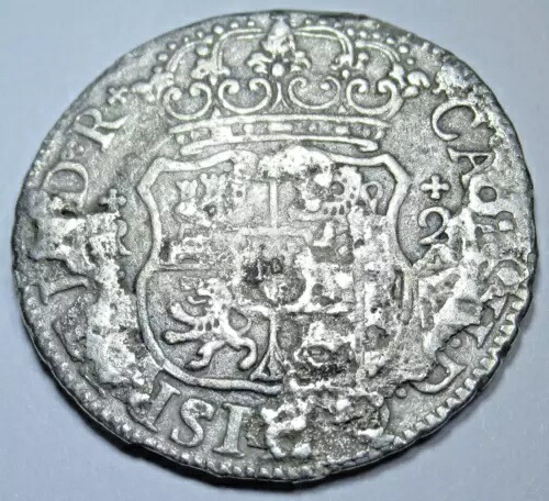 1700年代のエル・カザドル難破船スペインシルバー2レアレス本物のアンティーク海賊コイン画像