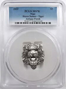 2022 2オンス .999 ファインシルバー ニウエ 激しい自然タイガー アンティーク仕上げ $5 PCGS MS 70｜WORLD RESOURCE【KING店】