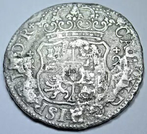 1700年代のエル・カザドル難破船スペインシルバー2レアレス本物のアンティーク海賊コイン画像