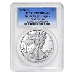 2021-W プルーフ $1 タイプ 2 アメリカン シルバー イーグル PCGS PR70DCAM FS ブルー ラベル