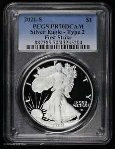 2021 S $1 プルーフ アメリカン シルバー イーグル PCGS PR 70 DCAM |タイプ 2 先制攻撃