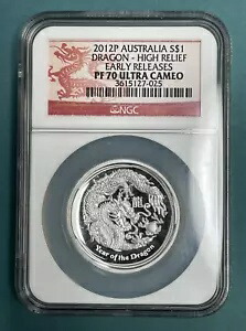 2012P オーストラリア $1 ハイレリーフ 1 オンス シルバー ドラゴン コイン NGC PF70 ウルトラ カメオ E.R.