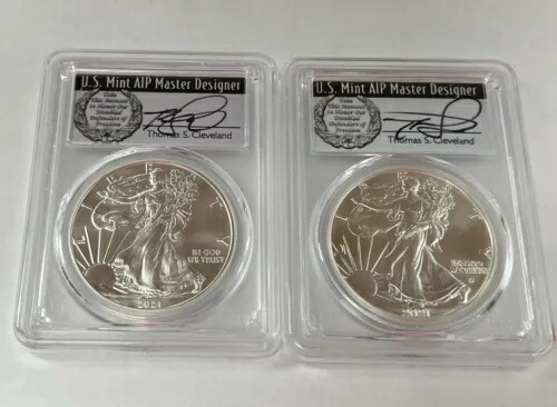 2021 タイプ 1 & 2 シルバー イーグル 2 コイン セット PCGS MS70 FDOI 署名入りクリーブランド