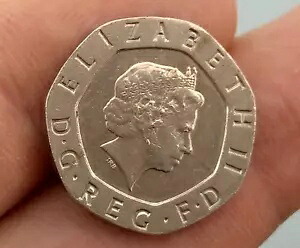 イギリス コイン 20 ペンス ラバ、表面にエラー、日付なし、追加のエラーあり