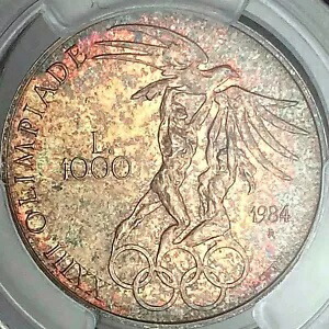 サンマリノ。 1984 年、1000 リラ、銀 - PCGS MS66 - LA オリンピック ?? 引き締まった