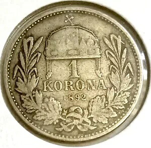 1892 1 コロナ、ハンガリー、重要な日付 希少な 835 銀貨