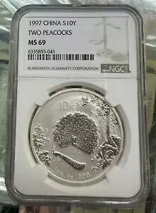 NGC MS69 中国 1997 尻尾を誇示する孔雀 銀貨 1オンス 10元