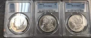 $1 モルガン シルバー ダラー 1883-O 1884-O & 1885-O すべて PCGS MS63 3 個 * AvenueCoin