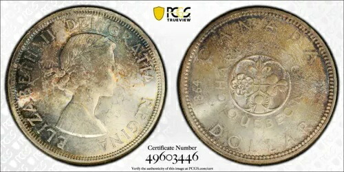 ゴールデン ブルー トーン 1964 MS 64 カナダ連邦 シルバー ドル PCGS グレード 732