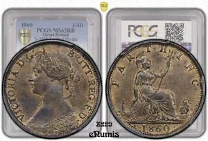 イギリス、ビクトリア、ファーシング 1860、歯付きボーダー、PCGS MS 63 RB