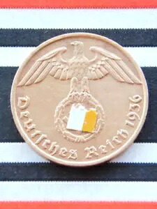 ドイツ コイン 1 REICHSPFENNIG 1936 F SWASTIKA 3RD REICH WW2 + 非常にレア + フェニヒ