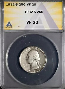 キー 1932-S 25c シルバー ワシントン クォーター VF 20 ANACS # 7692471 + ボーナス｜WORLD RESOURCE【KING店】