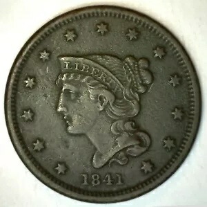 1841 編み込みヘア 米国 1 セント XF ペニー コイン 1c ラージ セント 銅 極細｜WORLD RESOURCE【KING店】