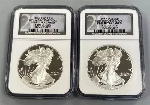 2 NGC PF69 ウルトラ カメオ US 1ozt プルーフ シルバー イーグル $1s 1996-P、1997-P L20460