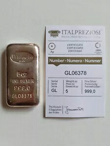 5 オンス Italpreziosi ミント .999 ファイン シルバー イタリアン バー、シリアル番号 + COA 付き｜WORLD RESOURCE【KING店】