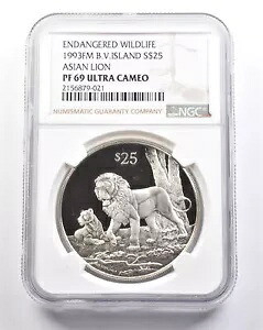 1993 FM 英領ヴァージン諸島 25 ドル シルバー アジアン ライオン PF69 UCAM NGC *4924｜WORLD RESOURCE【KING店】