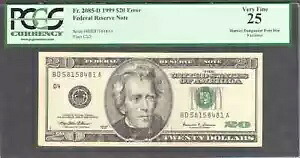 $20 1999 FRN、神父。 2086-D 稀な彫刻エラー地区指定子 PCGS VF 25|WORLD RESOURCE【KING店】