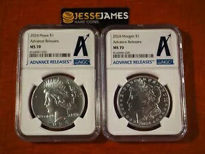 2024 $1 シルバー ピース & モーガン ドル NGC MS70 アドバンス リリース ラベル 2 コイン セット