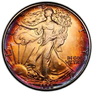 1988 アメリカン シルバー イーグル PCGS MS66 レインボー トーン明るい両面調色|WORLD RESOURCE【KING店】