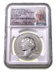 2019 カナダ 1 オンス銀の平和&自由メダル NGC PF70 Rev Pf FDOI 署名｜WORLD RESOURCE【KING店】