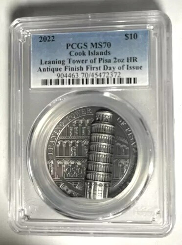 2022 クックアイランド ピサの斜塔 PCGS FDOI MS70、2オンス シルバー アンティーク # NER